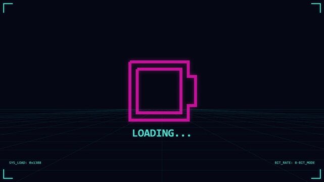 Futuristic Digital Battery Charging Animation on Dark Retro Grid Background