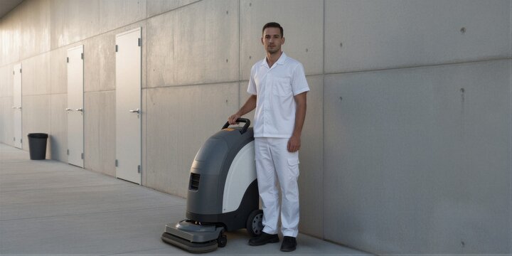 A janitor stands beside a floor buffer machine in a long concrete corridor with soft natural lighting.