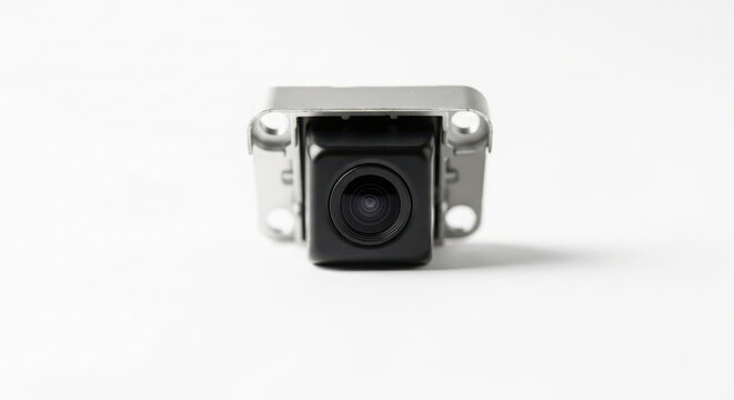 Detailed studio photo of a compact automotive rearview camera module designed for modern vehicle safety and parking assistance systems technology