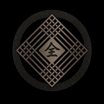 Modern Japanese Kamon logo with Kanji character ALL, metallic texture on black background, Generative AI