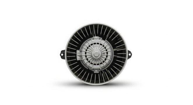 This detailed professional photograph captures a circular automotive blower motor fan used for ventilation systems in modern vehicle climate controls