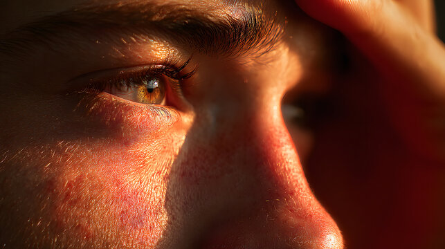 Golden eye closeup face skin texture eyebrow sunlight natural light eyelashes nose cheek portrait male young adult caucasian freckle warm tone contemplative intimate macro detail realism side