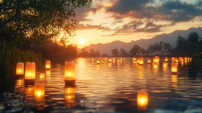 Floating Lanterns at Sunset