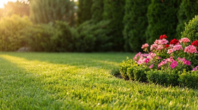Beautiful garden with vibrant pink and red geranium flowers in the foreground and a lush green lawn under warm sunset light