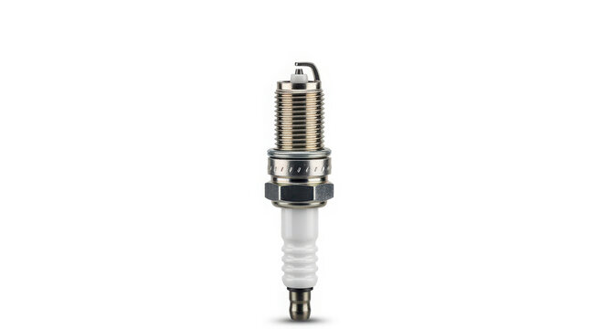 Single metal spark plug isolated for automotive engine maintenance shown in a detailed studio photo for professional repair shop use