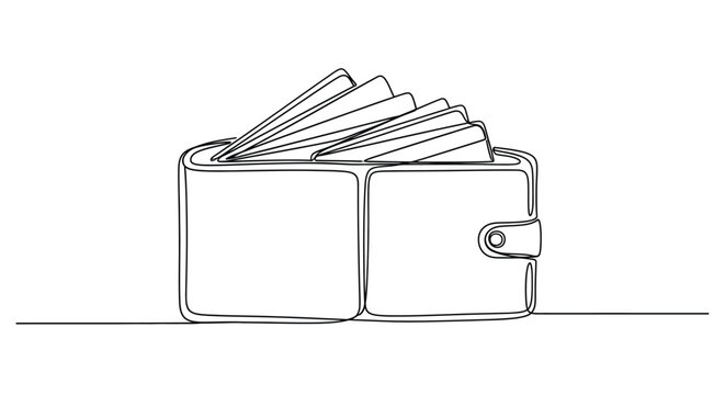 Continuous line drawing of a wallet full of cash with currency, continuous