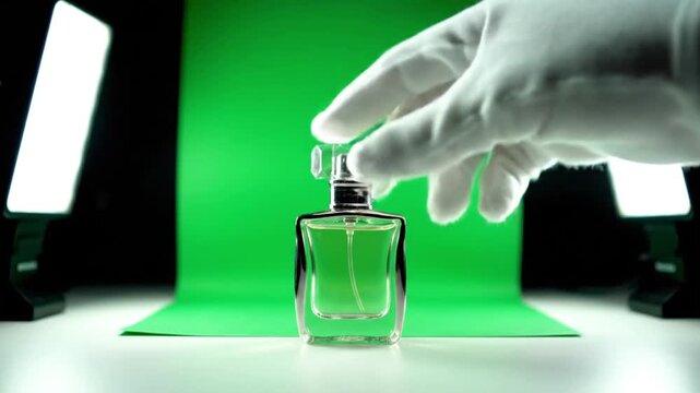 Perfume bottle on green screen with studio lights, ready for product photography and chroma key editing.