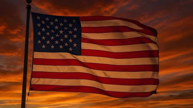 An American flag waves against a vibrant orange and red sunset sky. The flag is predominantly featured in the left half of the frame, its stars and stripes clearly visible.