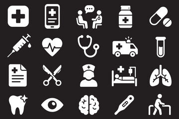 Fototapeta premium White medical icons set including first aid healthcare doctor hospital and health concepts on black background