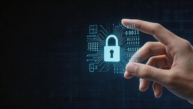 Hand touching digital security padlock icon, cyber protection and data privacy concept, network firewall encryption technology, information safety system, secure internet