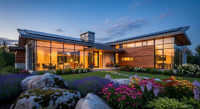 American house at dusk with large windows solar panels modern design stone and glass exterior facade