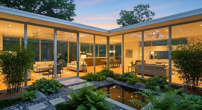 Modern one-story house with panoramic windows. House with a flat roof and a unique facade. Yard inside the house
