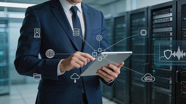 IT administrator in suit using tablet in server room, network infrastructure management, cloud computing security, database administration, data center maintenance, technology