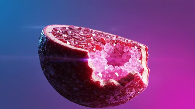 3D Render of a Macro Cross Section of a Fruit-Like Geode Filled with Sparkling Red Ruby Crystals and Translucent Pink Gemstones on a Vibrant Blue and Purple Gradient Background