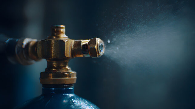 Closeup compressed air tank valve spraying mist, brass fitting releasing fine aerosol with dramatic lighting and shallow depth of field
