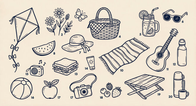 Hand drawn summer picnic icons set, 20 vintage doodle vector elements, outdoor leisure and vacation activity graphics for branding
