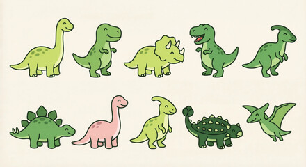 Cute cartoon dinosaur vector set, 10 friendly prehistoric animal characters, green and pink hand-drawn dino illustrations for kids nursery decor © Muhammad