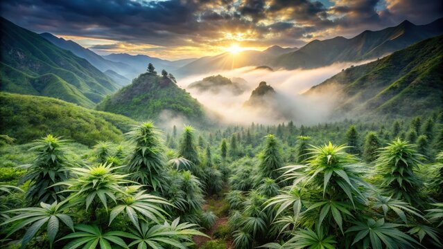 Lush hemp field on a misty mountainside