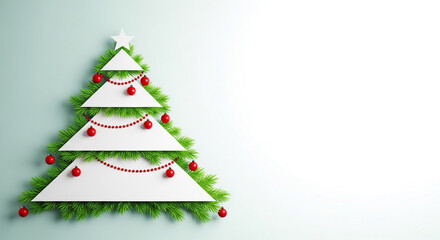 Obraz premium Stylized Christmas tree made of stacked gift boxes with red ribbons and ornaments on white background