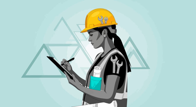 Female engineer with hard hat and clipboard.