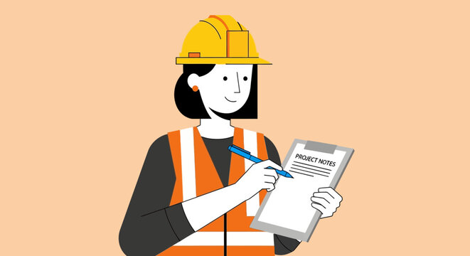 Female worker with safety gear writing notes.