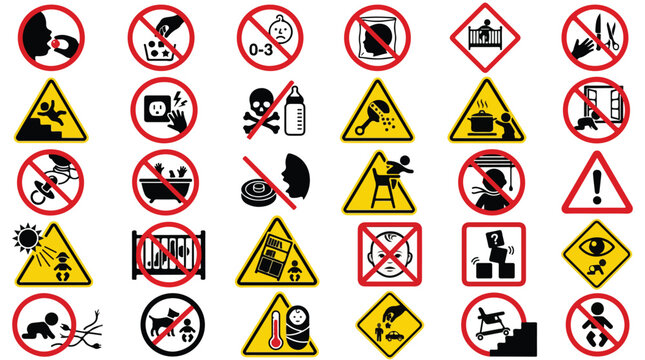 Child safety warning icons set, baby hazard prevention signs, 30 vector symbols for nursery security and product labeling