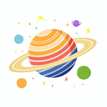 Colorful Cartoon Planets and Stars in Space