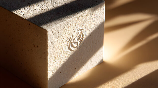 Minimalist molded pulp box with natural textured surface and debossed emblem, warm sunlight casting soft shadow lines and creating serene organic still life atmosphere