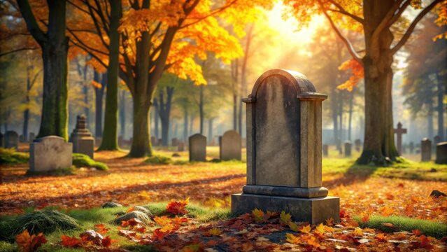 Motivational gravestone in autumnal park setting