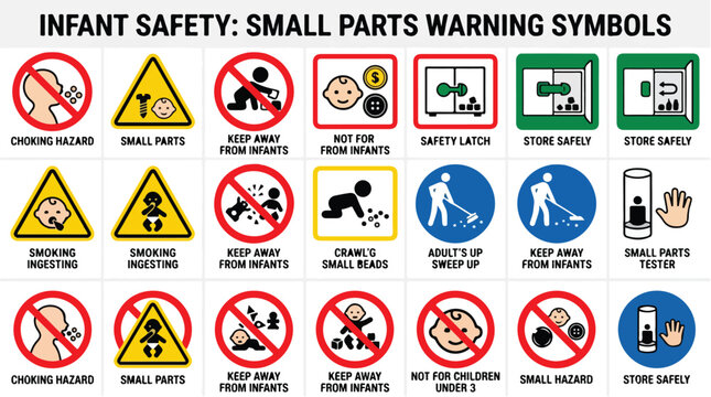 Infant safety small parts warning symbols, choking hazard and child protection icons set, baby security and toy safety labels for product packaging