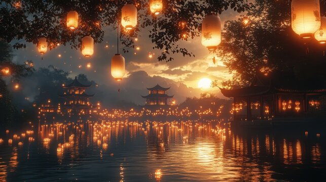Serene Sunset Scene with Floating Lanterns