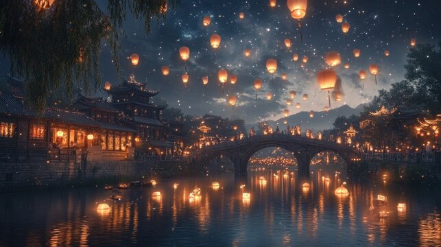 Night scene of a Chinese town with floating lanterns