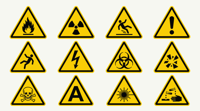 Yellow triangular warning signs with black hazard symbols fire radiation slipping caution electricity biohazard explosion toxic corrosive laser safety