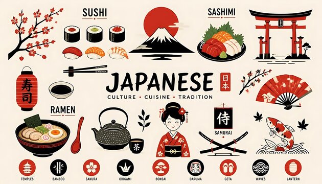 Japanese culture and cuisine flat vector icon set with sushi, Ramen, And traditional symbols on light background