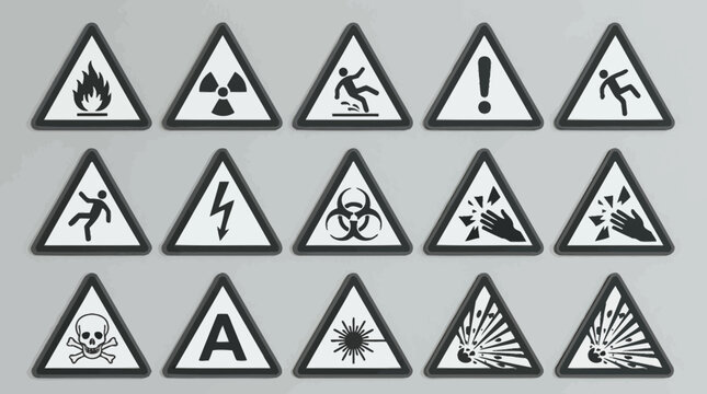 Triangular warning signs with hazard pictograms fire radiation slipping caution electricity biohazard explosion toxic laser industrial laboratory safety symbols