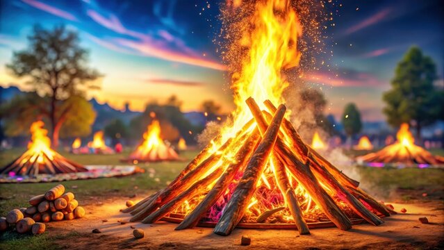 Bonfire lit for the auspicious festival of lohri or holi or holika dahan