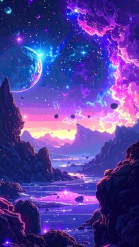 A vibrant alien landscape bathed in cosmic twilight with a large planet in the sky.