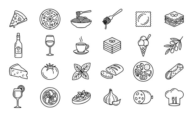 La Dolce Vita Italian Food Line Art Collection Featuring Pizza Pasta Wine and Dessert Icons