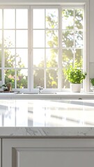 Fototapeta premium Sunlit modern kitchen interior with a marble countertop.