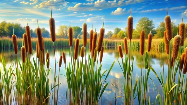 Elegant reeds and cattails swaying in the breeze in a tranquil watercolor setting