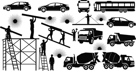 Construction Workers and Vehicle Silhouette Collection with Trucks Cars Bus Cement Mixer and Industrial Transport Icons © Mim