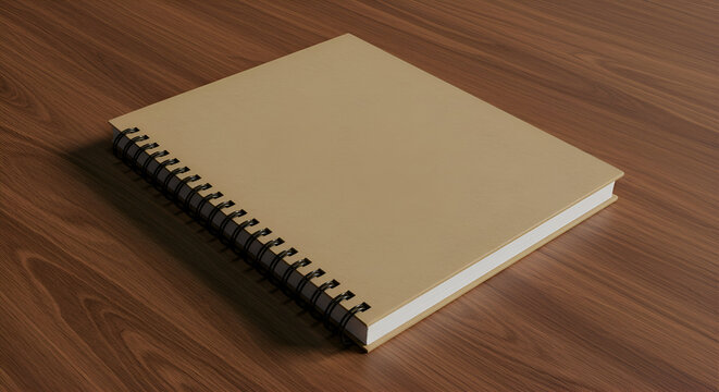 A neutral-toned spiral-bound notebook rests on a wooden surface. A blank, kraft-colored notebook sits atop a smooth, light brown wooden surface.