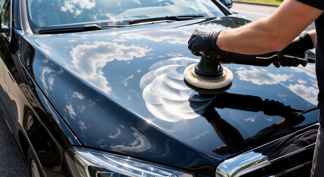 Professional car detailing with an electric orbital polisher. Worker in black gloves applying polishing compound to a black vehicle hood. Automotive paint correction and maintenance