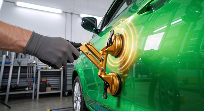 Mechanic using a suction cup tool to repair a dent on a green car. Gloved hand pulling auto body with glowing force effect in a repair garage. Automotive maintenance and fixing concept