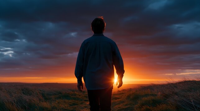 Silhouette man walking grass field dramatic sunset golden hour journey hope new beginning future contemplation freedom landscape inspiration motivational conceptual illustration