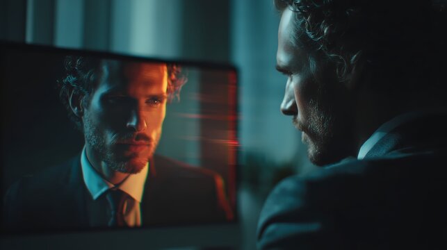 Executive video call deepfake CEO two identical faces digital glitch effect AI fraud business email compromise corporate impersonation cybercrime conference call scam conceptual illustration