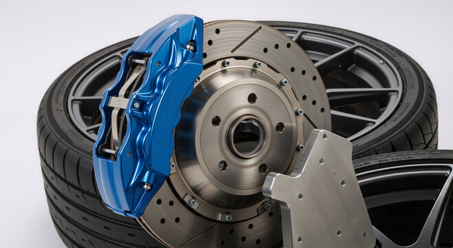 High performance blue brake caliper and drilled rotor. New auto parts with alloy wheels and tires isolated on white background. Car tuning and upgrade concept