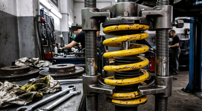 Yellow car suspension coil spring in a heavy duty compressor tool. Auto mechanic workshop background with technicians working on vehicle repair