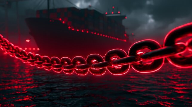 Cargo container ship bound red glowing chain ocean dramatic stormy sea international trade sanctions embargo supply chain crisis maritime shipping blockade conceptual illustration