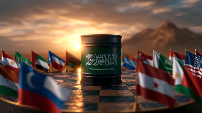 Black oil barrel Saudi Arabia flag surrounded by international country flags dramatic golden sunset Middle East petroleum OPEC production geopolitical energy trade market illustration